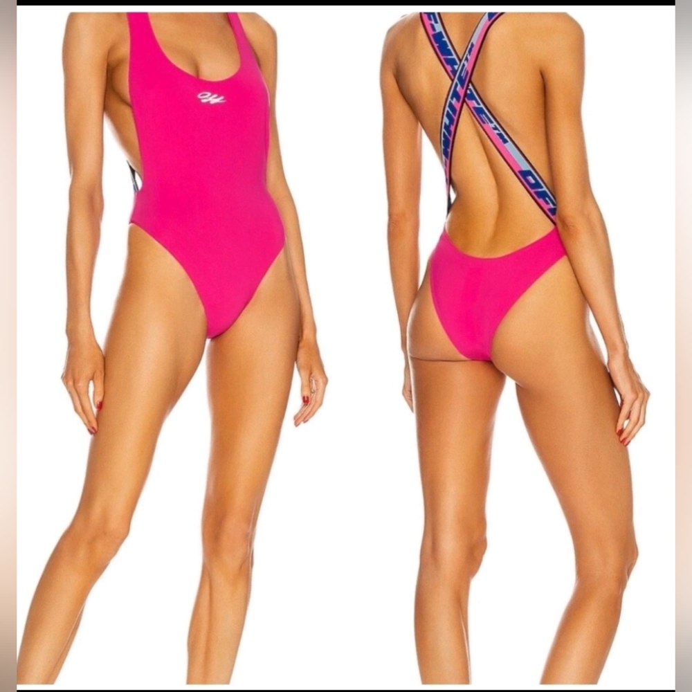 Off-White Tape Ribbed Swimsuit $390 Fuschia Blue White Small